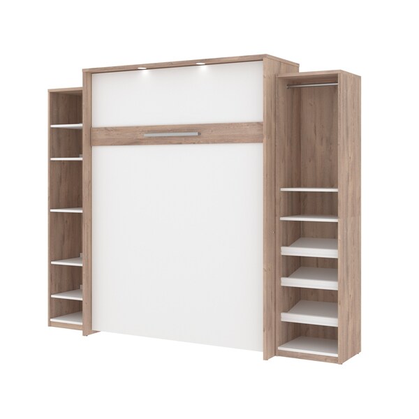 Cielo 105W Queen Murphy Bed with 2 Narrow Shelving Units (104W), Rustic Brown & White